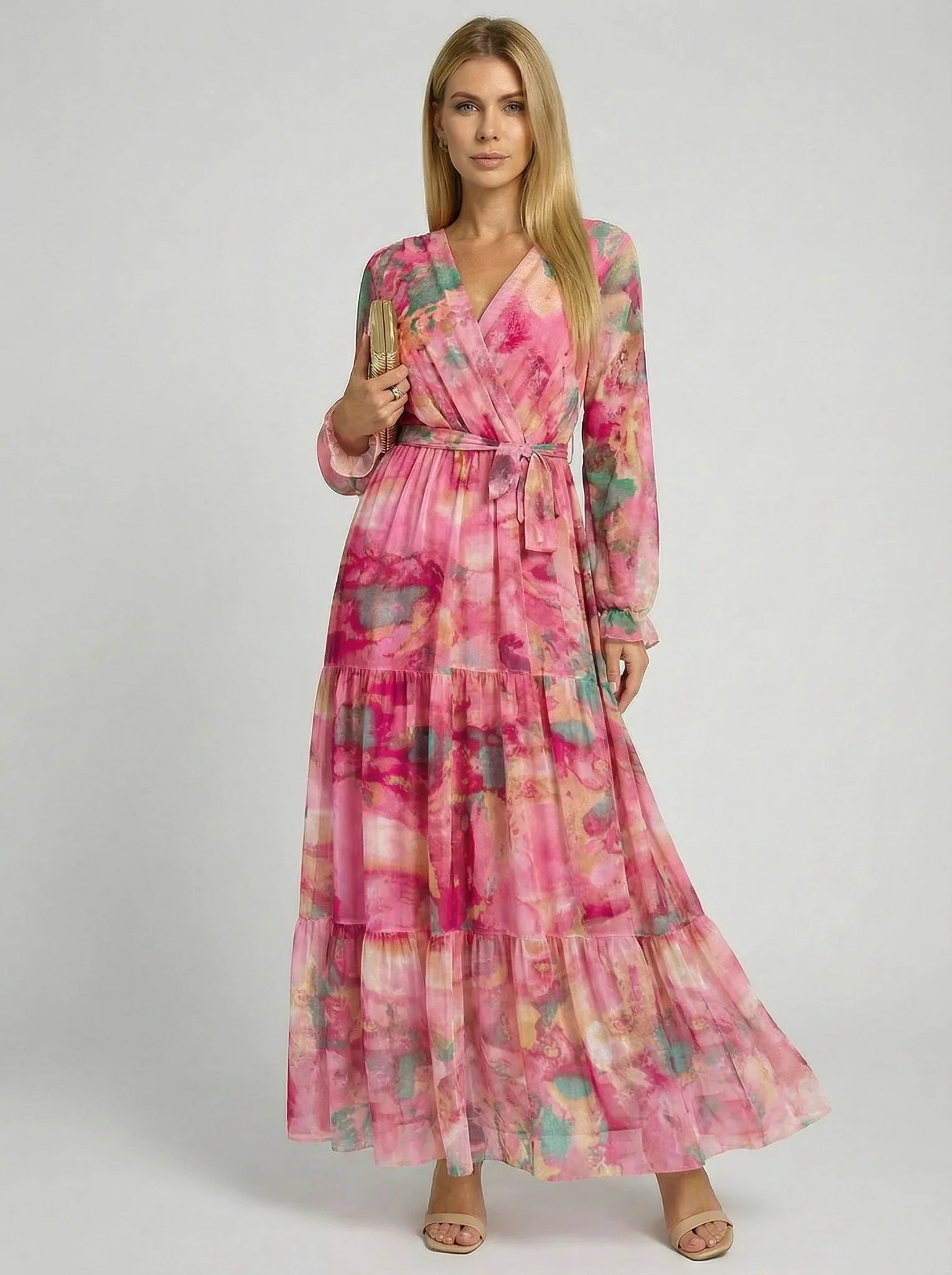 Damska sukienka maxi różowa kopertowa z długim rękawem