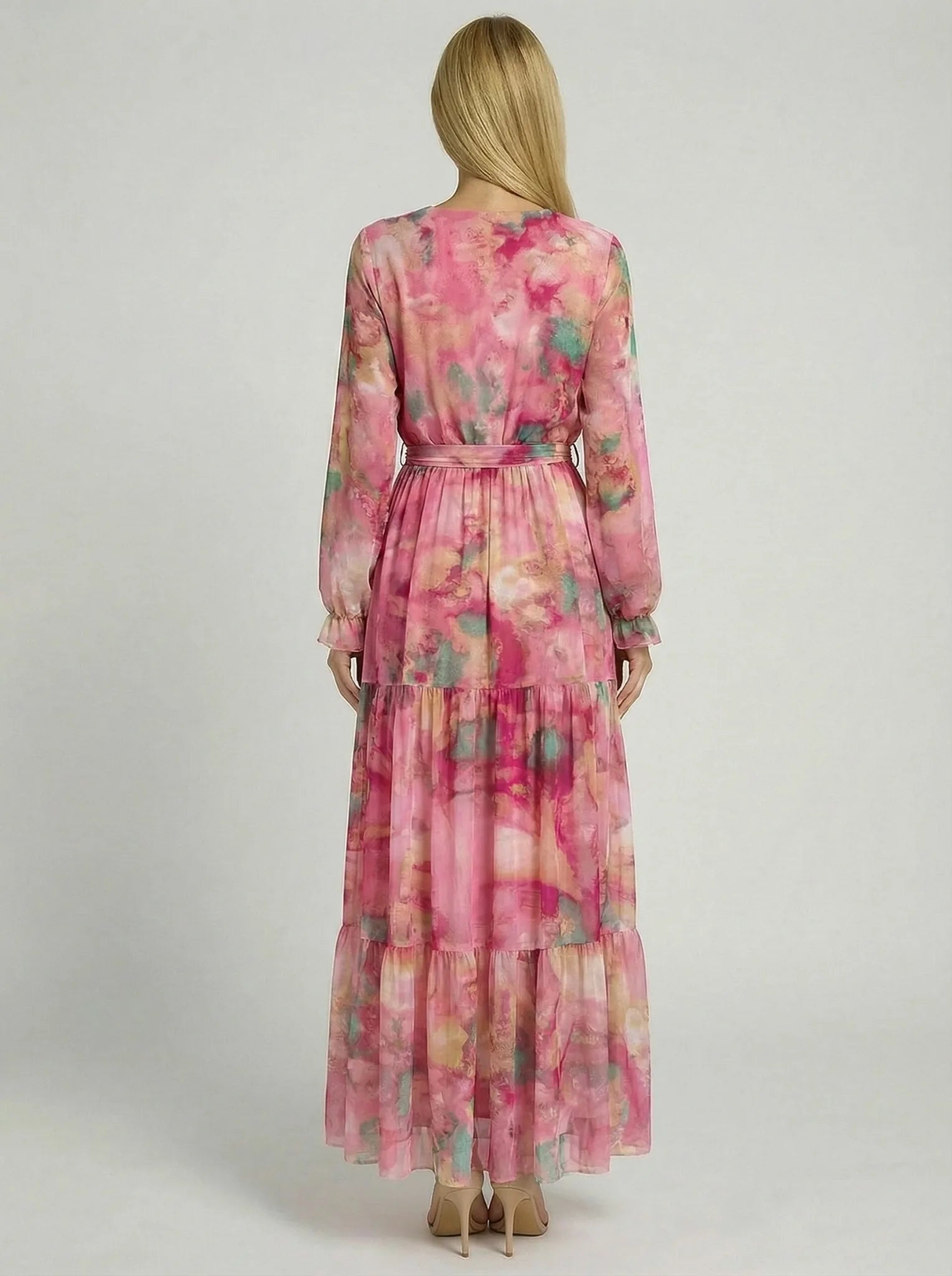 Damska sukienka maxi różowa kopertowa z długim rękawem