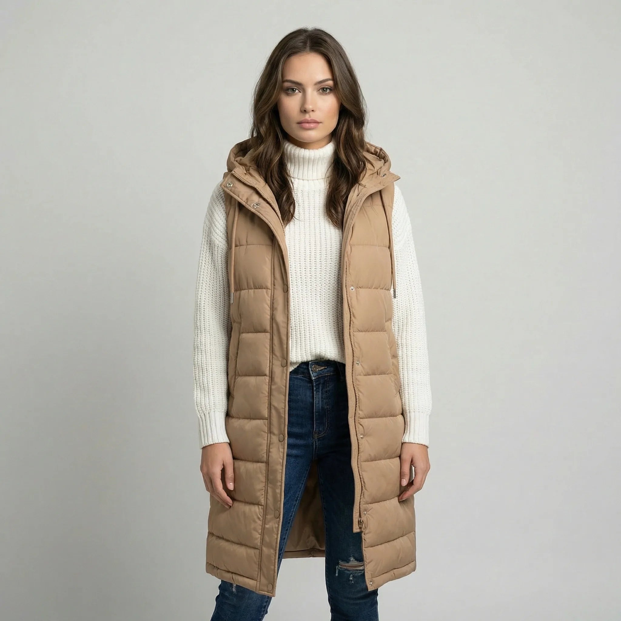 Damska długa kamizelka casual z kapturem